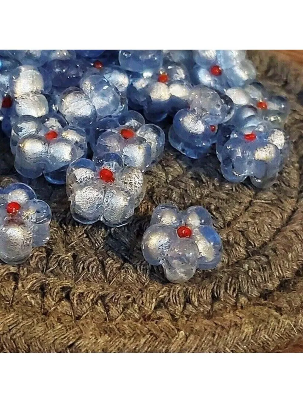 5 Vintage India Glass Icy Blue Flower Beads with Silver Foil